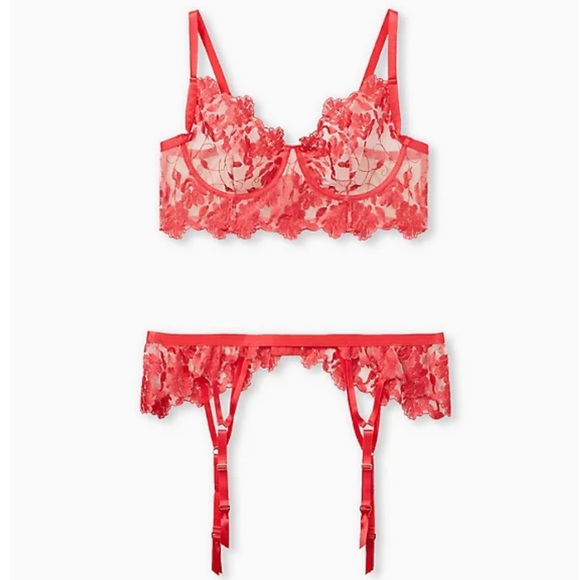 Torrid Women’s Raspberry Pink Embroidered Mesh Lace Bralette & Garter Size 1X - Picture 2 of 16